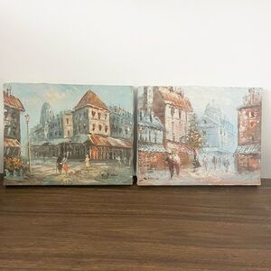 Pair of Vintage European Street Scene Textured Oil Paintings Blues Browns France